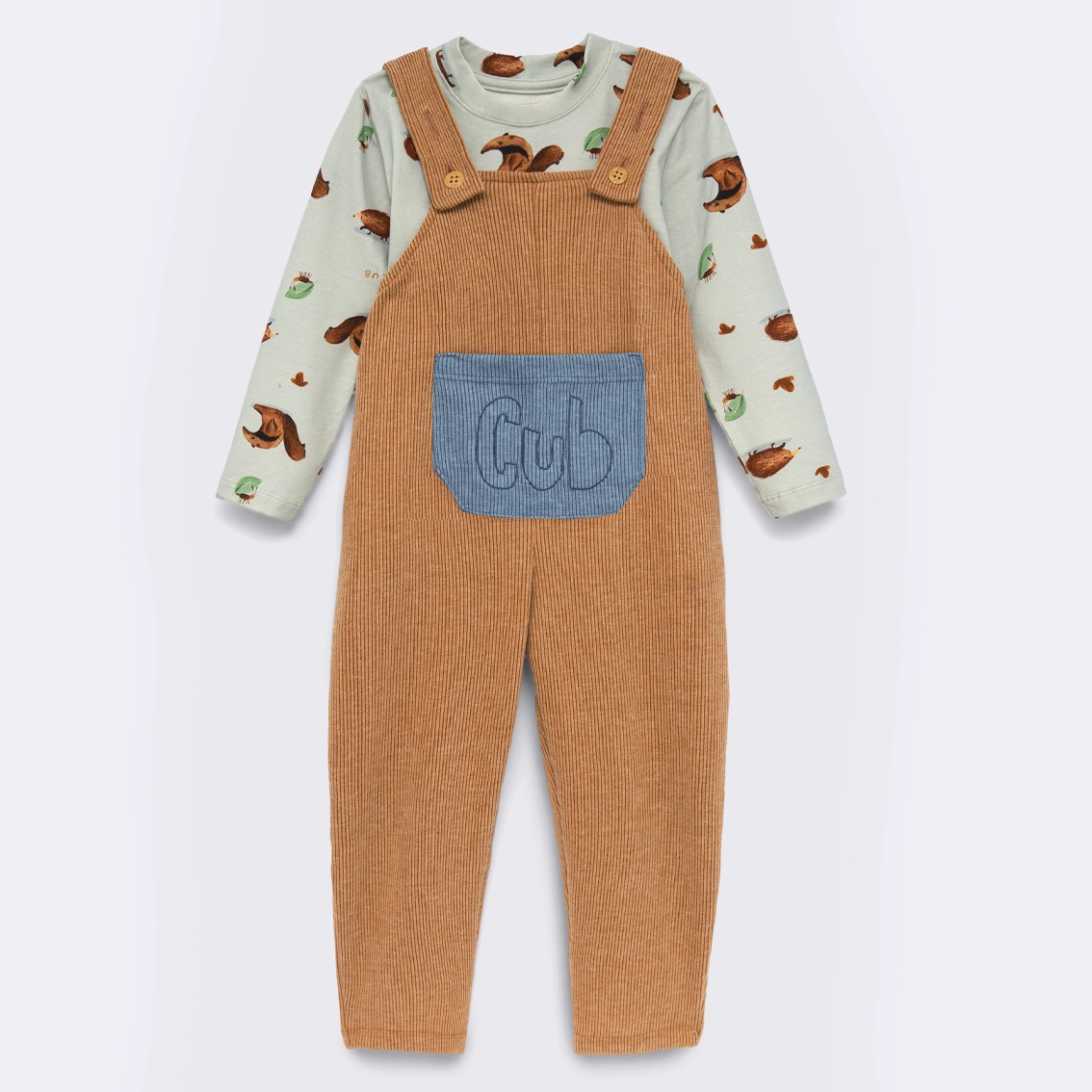 Conjunto Jardineira Malha Tricô e Camiseta Tamanduá