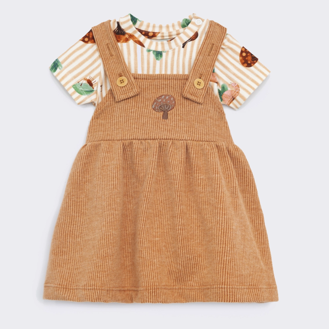 Conjunto Salopete Malha tricô e Body Cogumelos